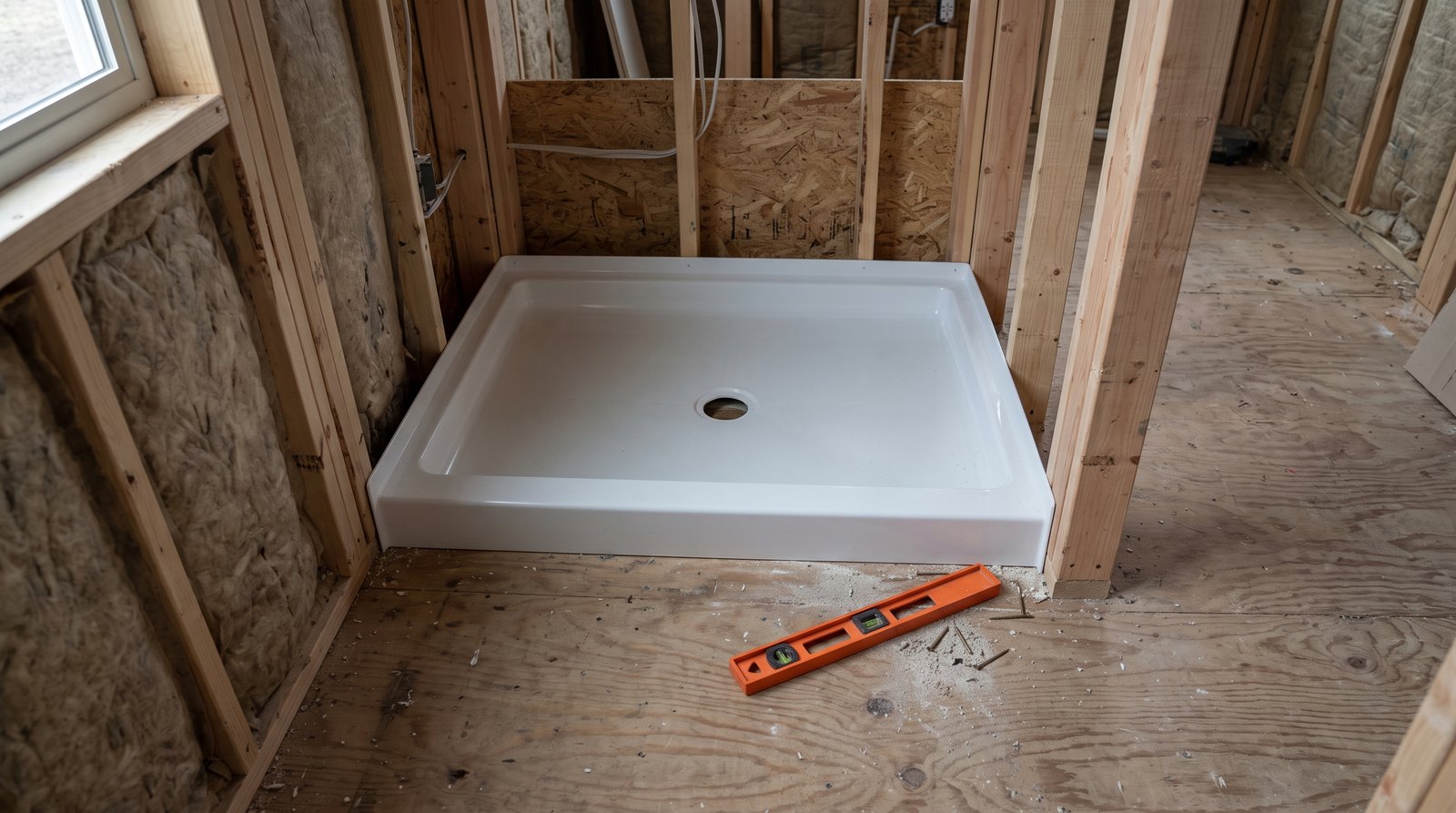 Prefabricated shower pan set on a supported tiny house subfloor