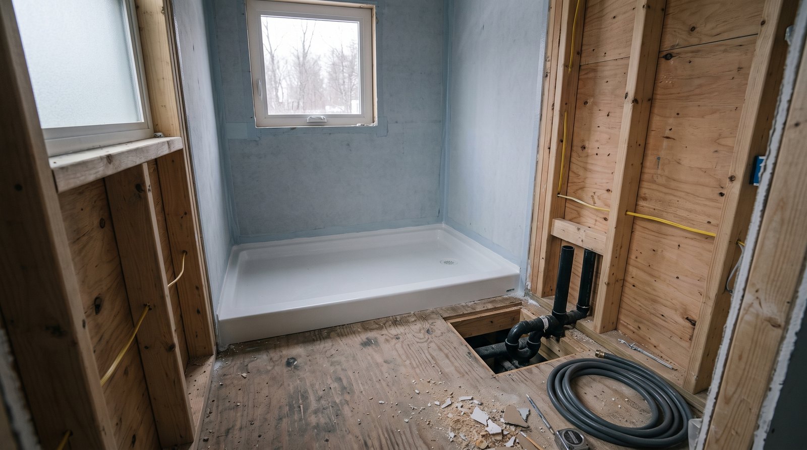 Tiny house shower pan installation with open drain access