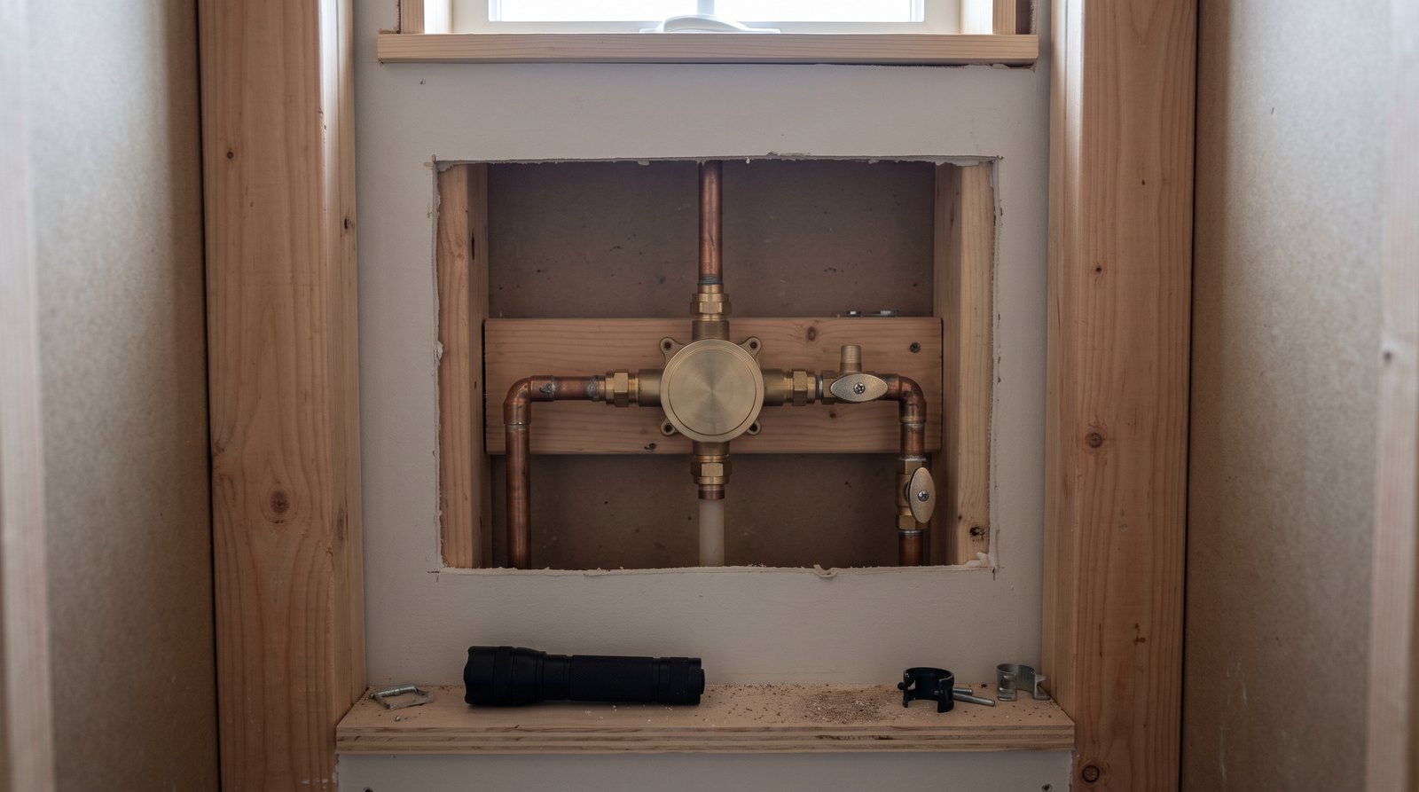 Open service panel showing the back of a tiny house shower mixing valve and shutoffs
