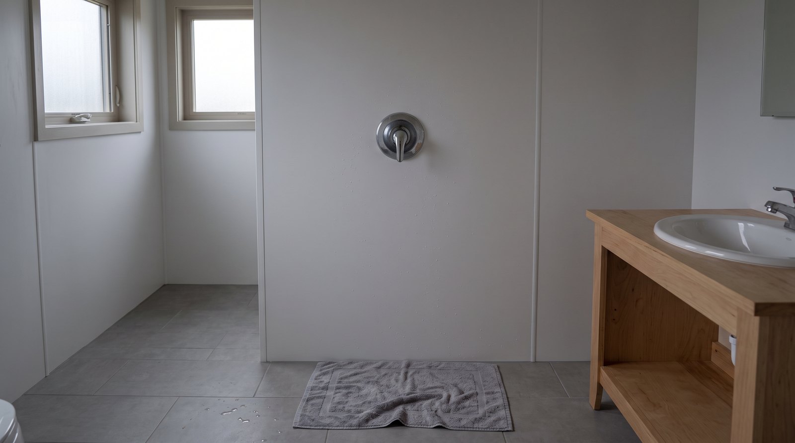 Unbranded shower control on a compact tiny house bathroom wall