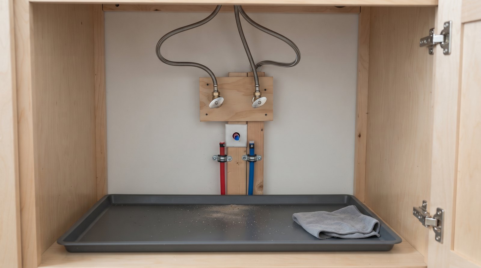 Flexible faucet supply connectors and quarter-turn valves in a tiny house sink cabinet