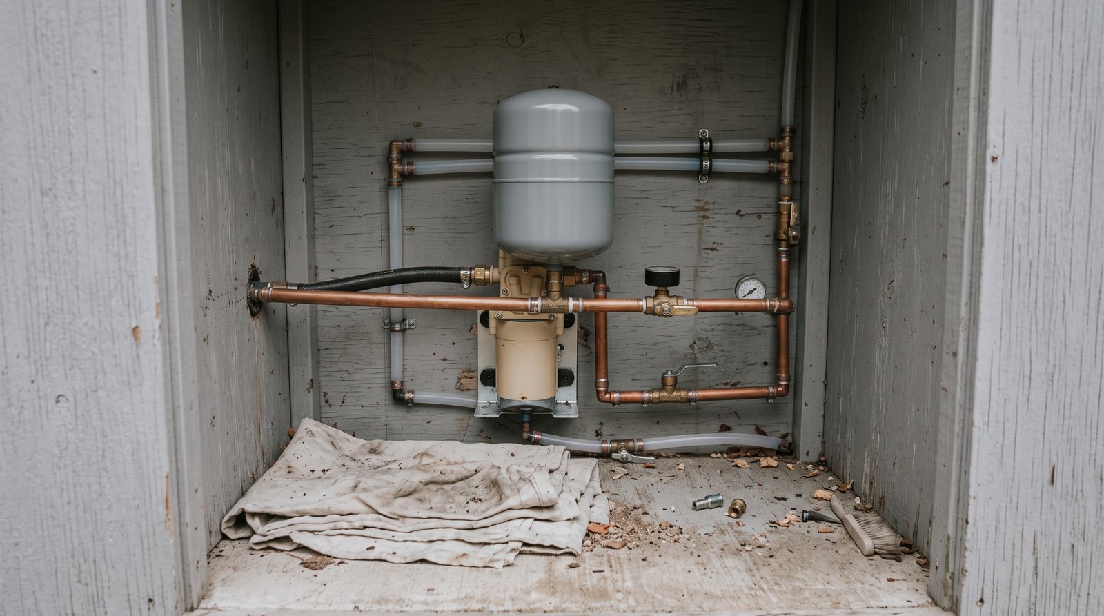 Tiny house thermal expansion tank mounted above accessible water valves