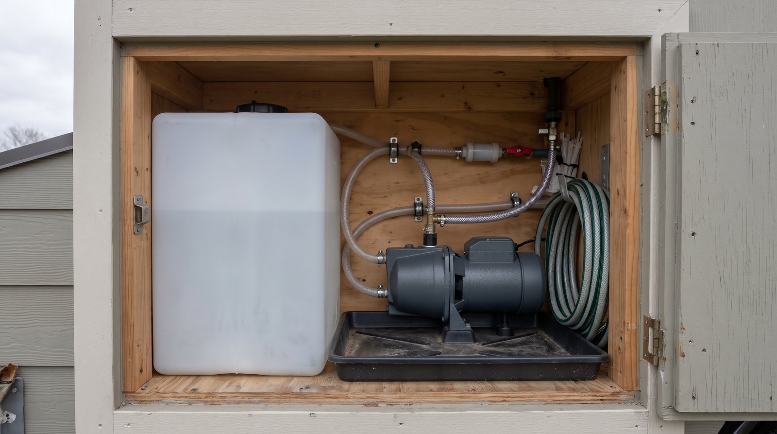 Water pump, onboard tank and inline flow sensor in a tiny house utility compartment
