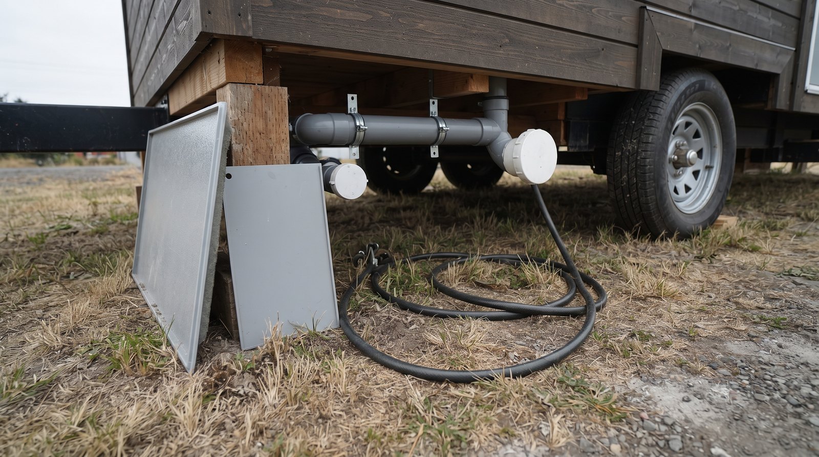 Secured drain piping and cleanout beneath a tiny house on wheels