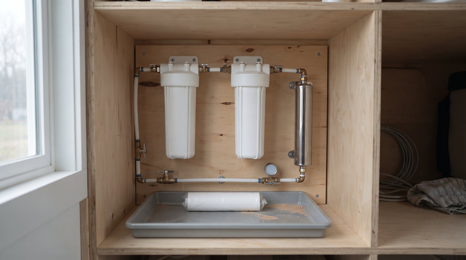 UV water treatment chamber and filter housings in a tiny house service closet