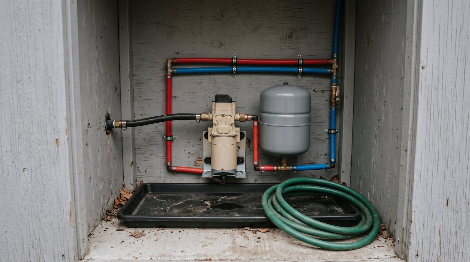 Tiny house water pump and accumulator tank with supported PEX lines