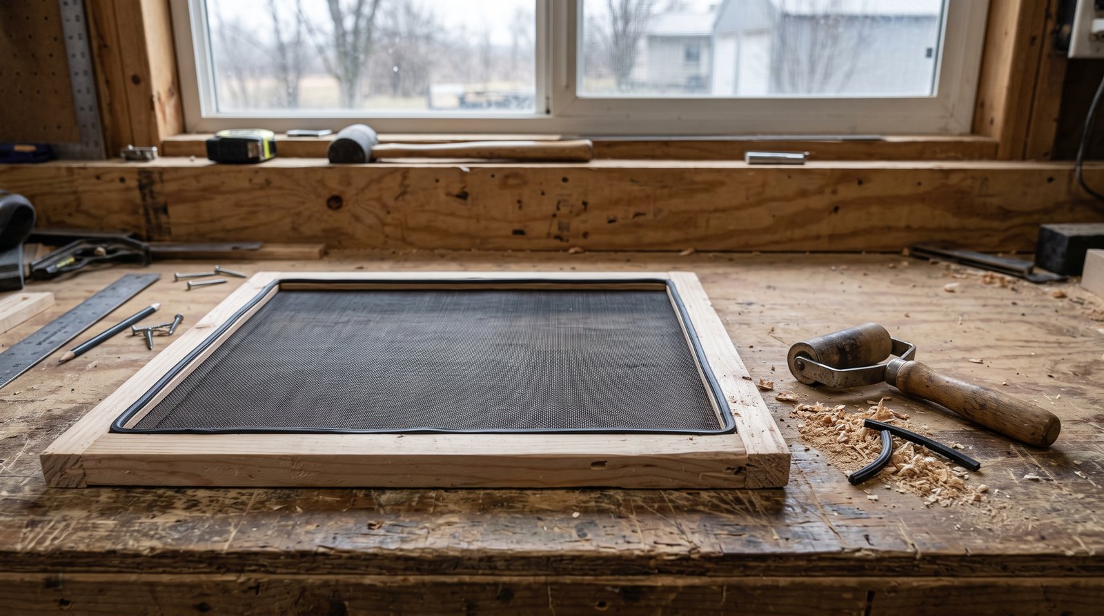 Removable tiny house window screen and spline roller on a workbench