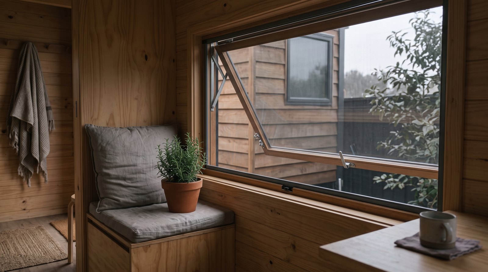 Tiny house awning window with insect screen and ventilation hardware